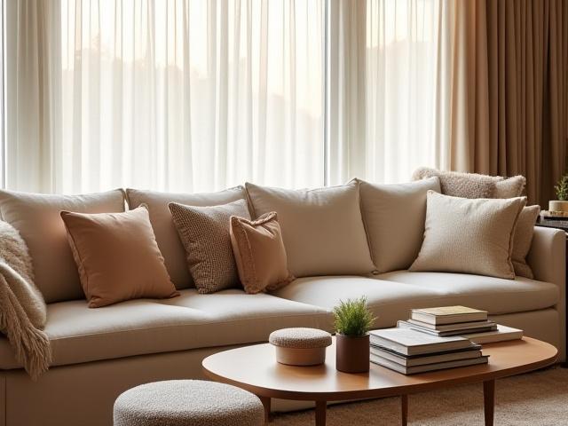 Stylishly arranged living room interior with contemporary furniture, natural light, and elegant accents